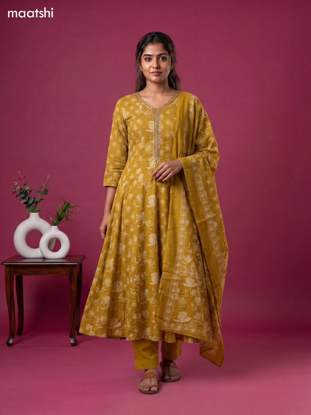 Mustard Yellow Cotton Printed & Embroidery Work Anarkali Suit