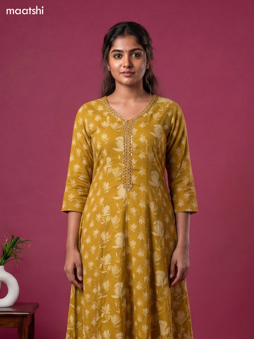 Mustard Yellow Cotton Printed & Embroidery Work Anarkali Suit