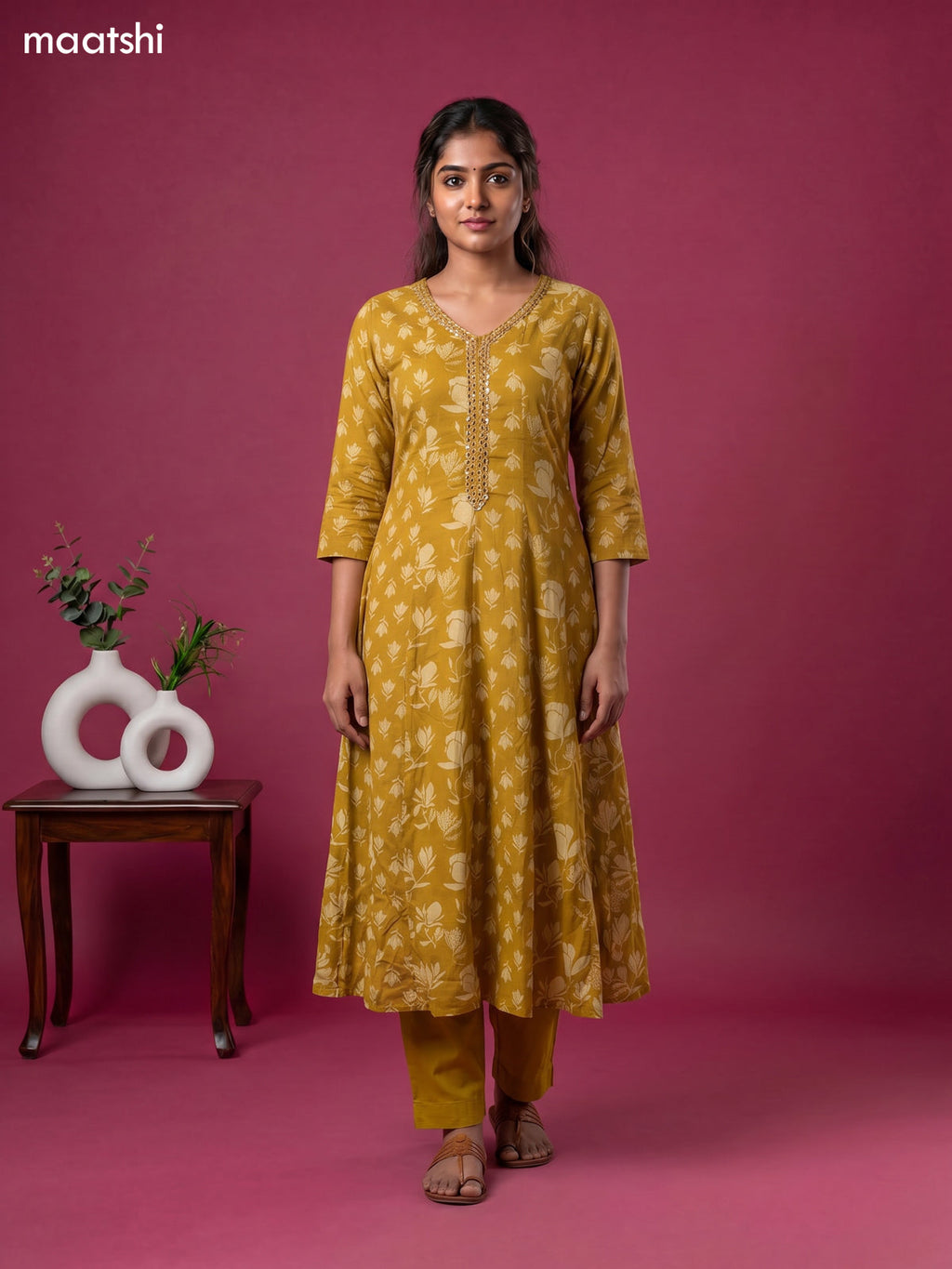 Mustard Yellow Cotton Printed & Embroidery Work Anarkali Suit