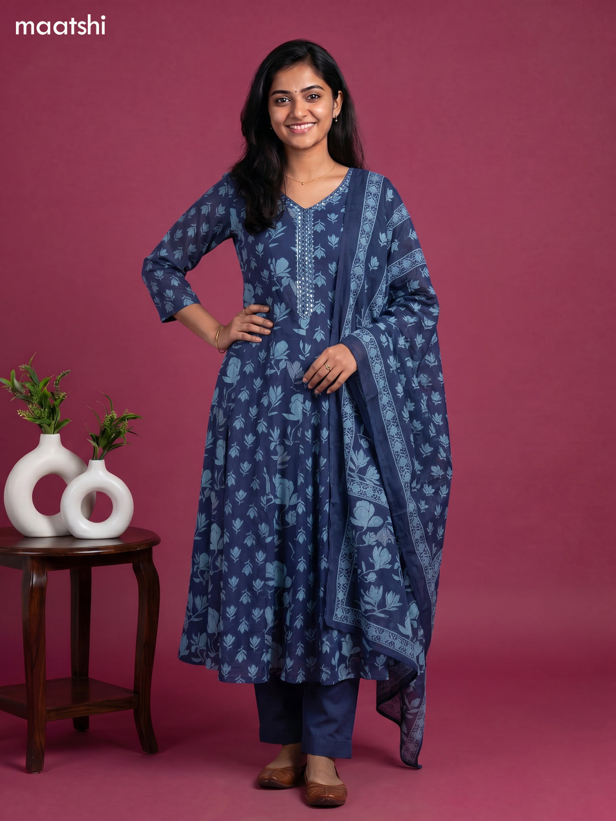 Blue Cotton Printed & Embroidery Work Anarkali Suit