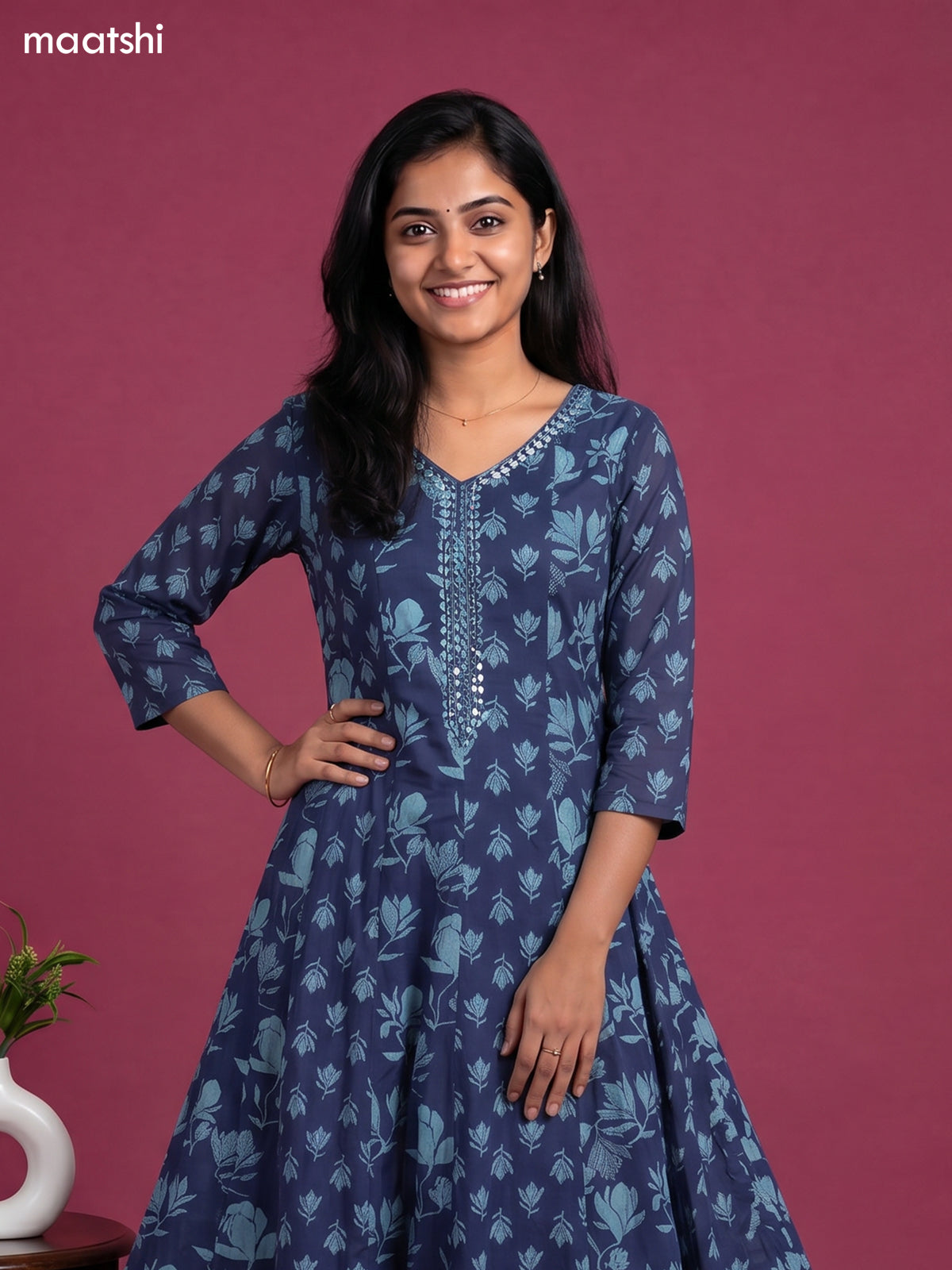 Blue Cotton Printed & Embroidery Work Anarkali Suit