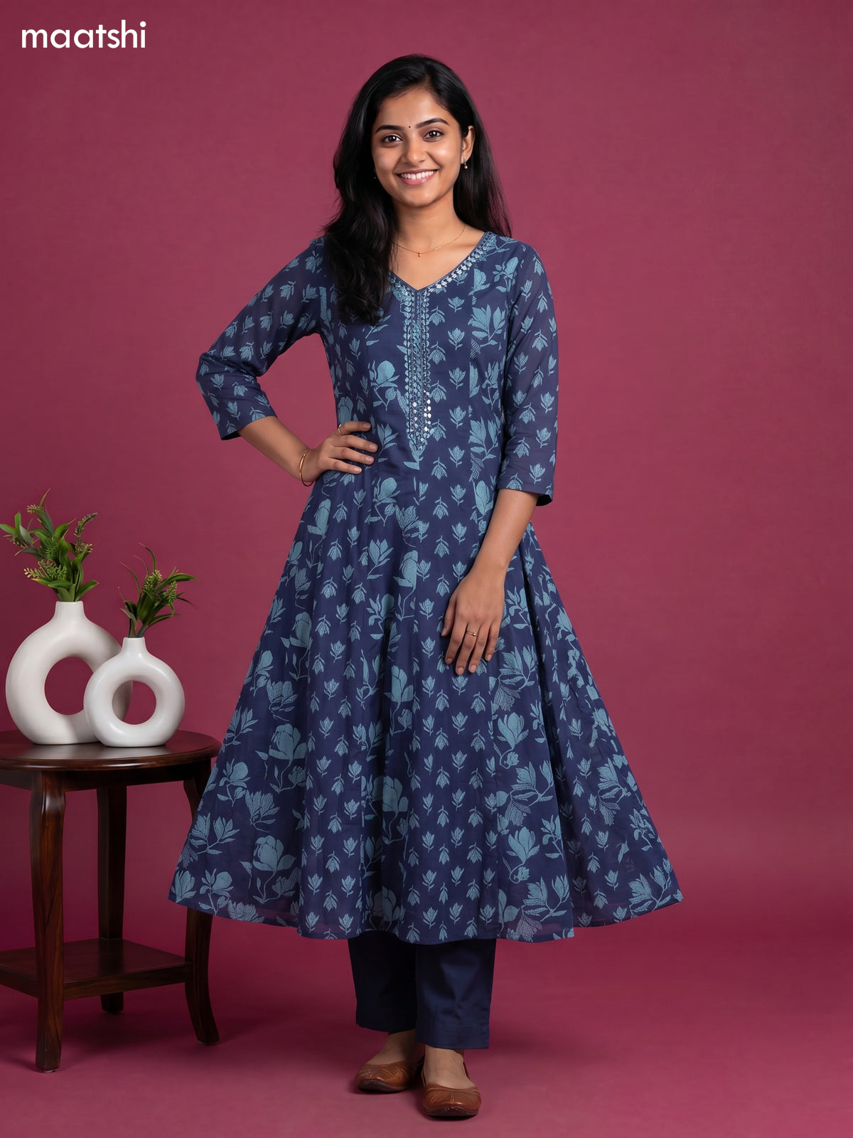 Blue Cotton Printed & Embroidery Work Anarkali Suit