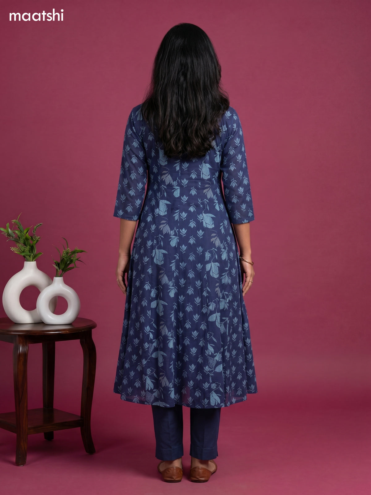 Blue Cotton Printed & Embroidery Work Anarkali Suit