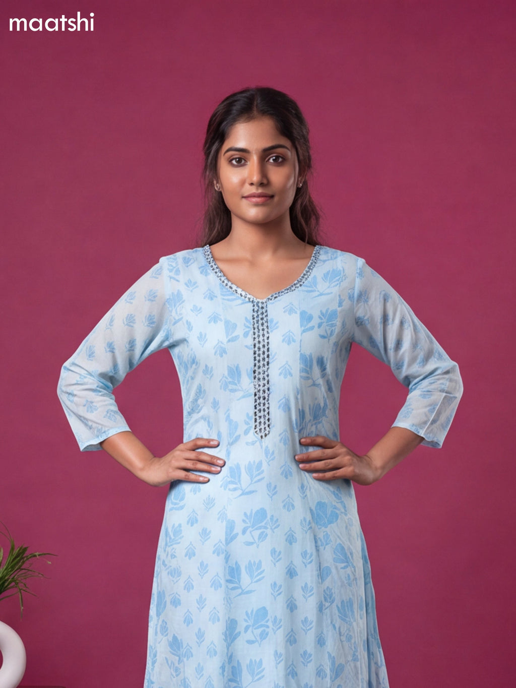 Light Blue Cotton Printed & Embroidery Work Anarkali Suit