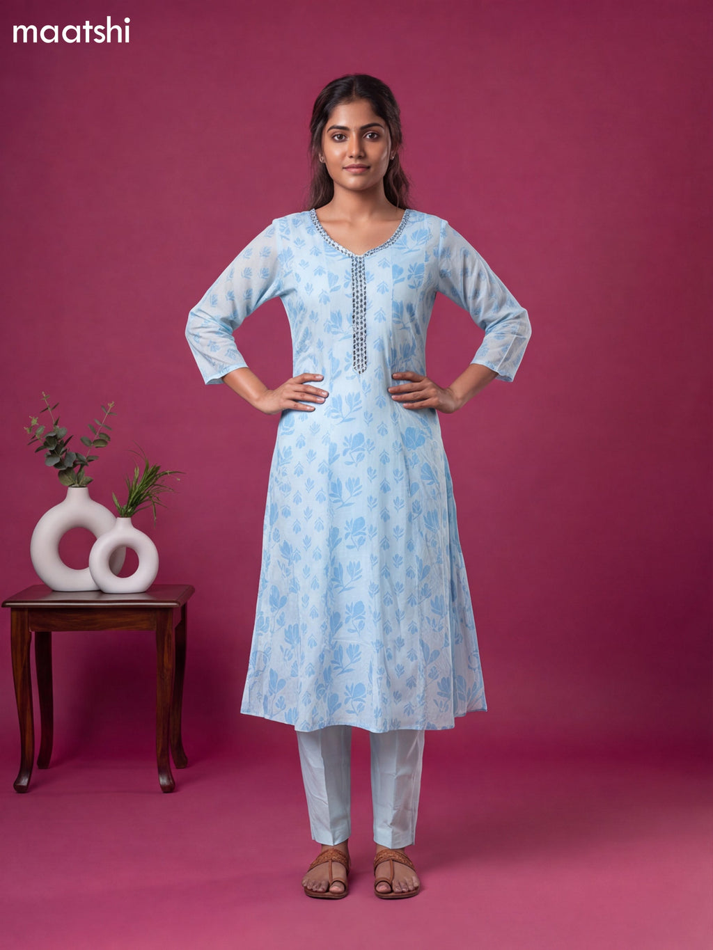 Light Blue Cotton Printed & Embroidery Work Anarkali Suit