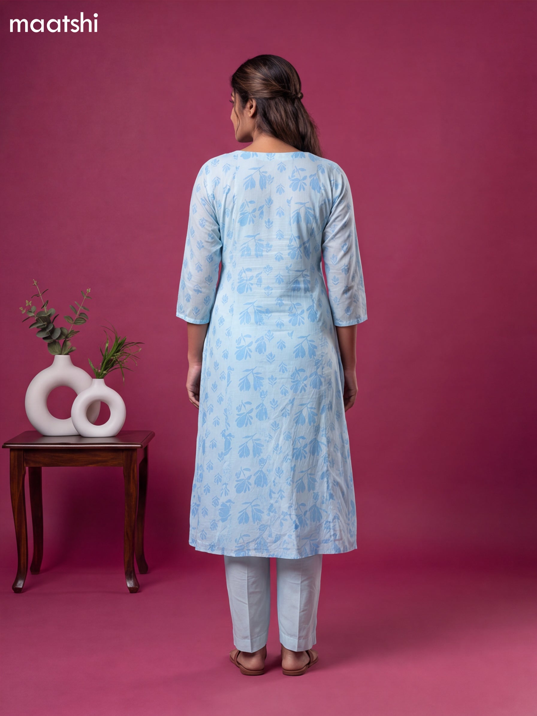 Light Blue Cotton Printed & Embroidery Work Anarkali Suit