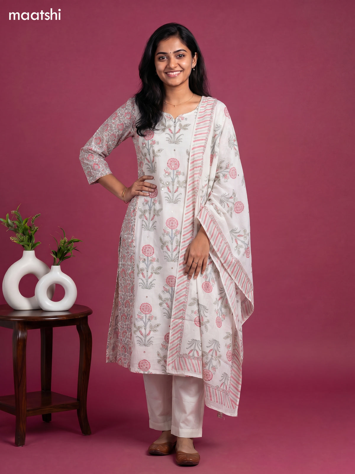 Off White Cotton Floral Printed & Simple Embroidery Work Straight Suit