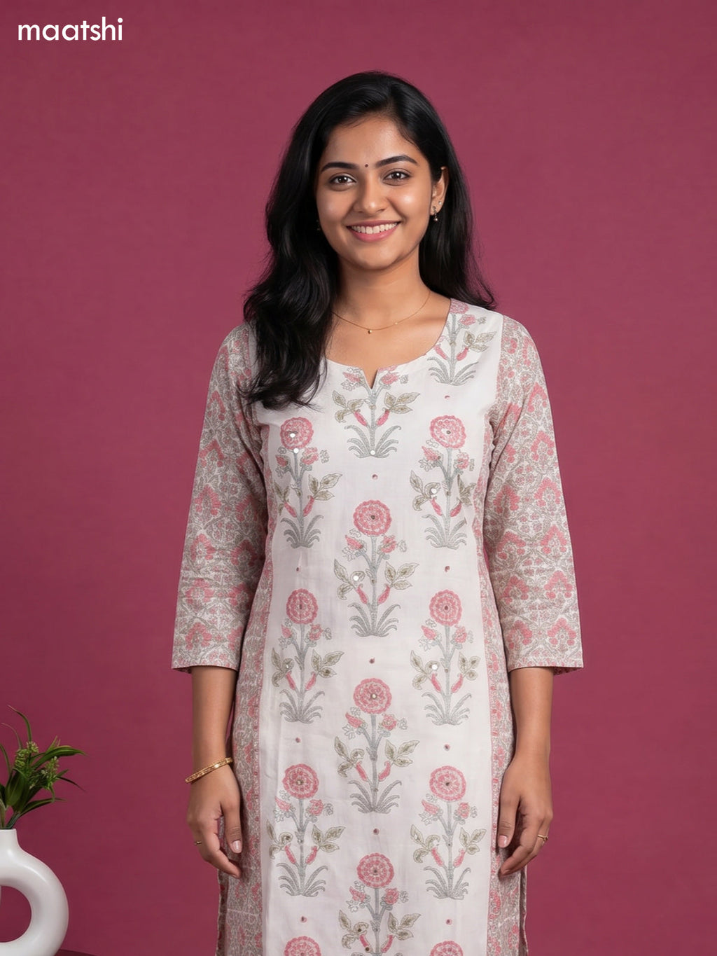 Off White Cotton Floral Printed & Simple Embroidery Work Straight Suit
