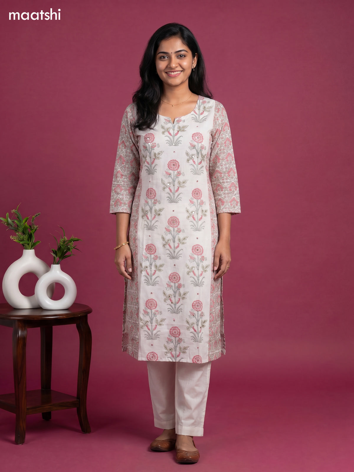 Off White Cotton Floral Printed & Simple Embroidery Work Straight Suit