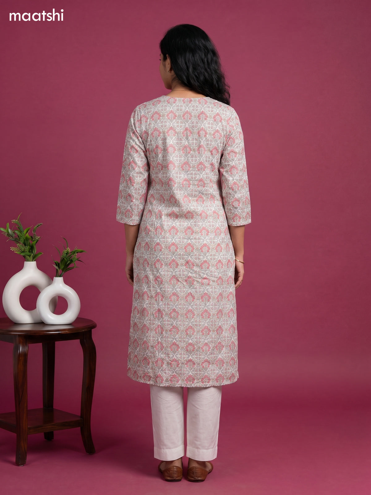 Off White Cotton Floral Printed & Simple Embroidery Work Straight Suit
