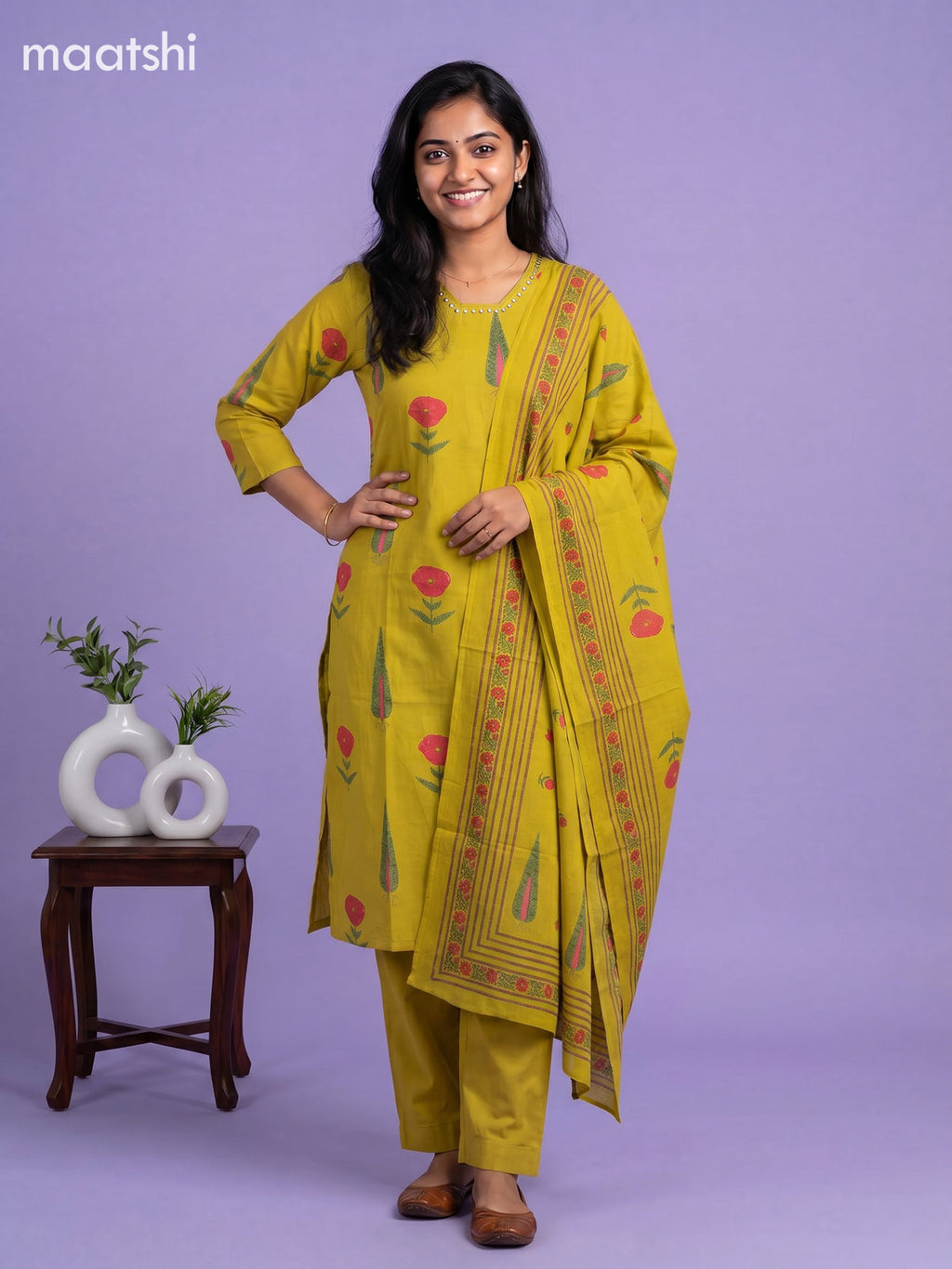 Mustard Yellow Cotton Printed & Simple Embroidery Work Straight Suit
