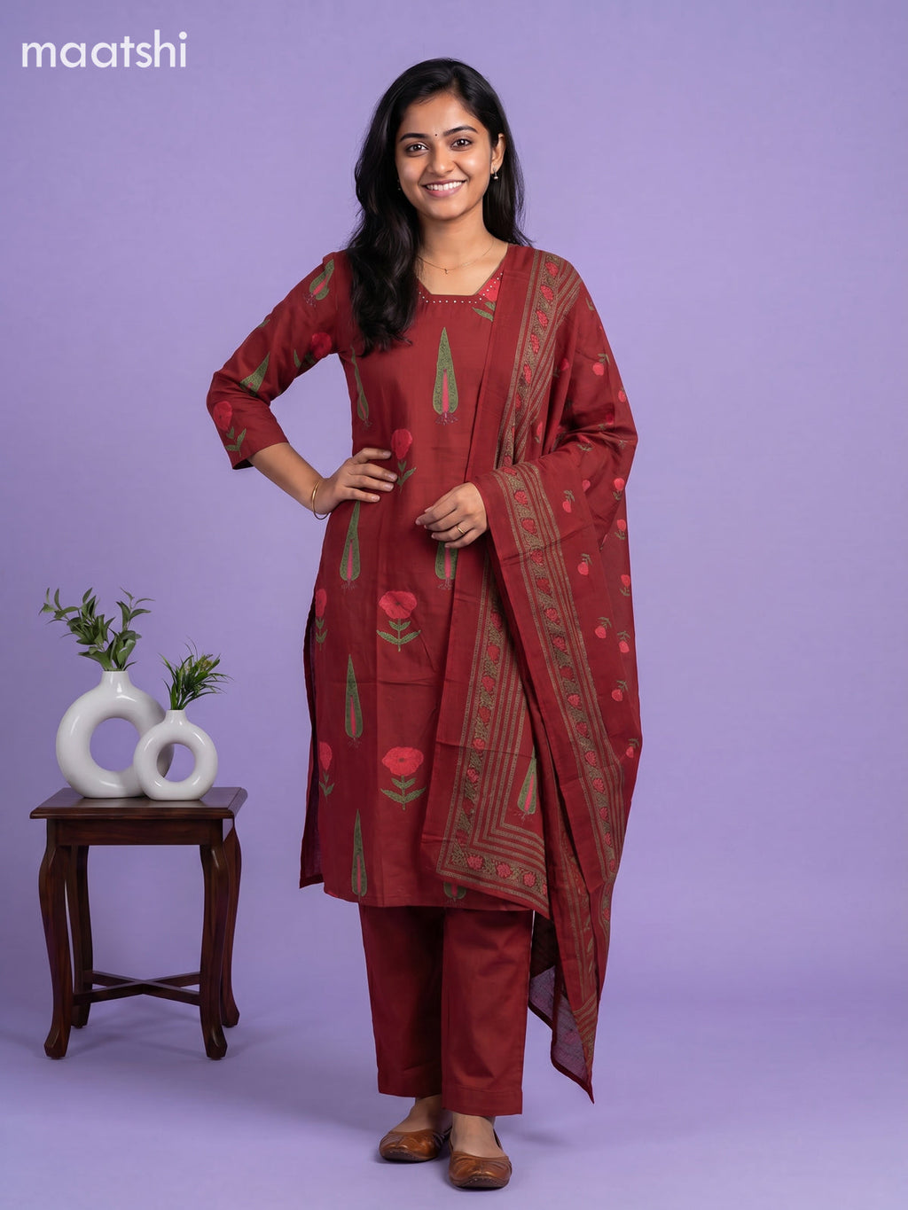Red Cotton Printed & Simple Embroidery Work Straight Suit