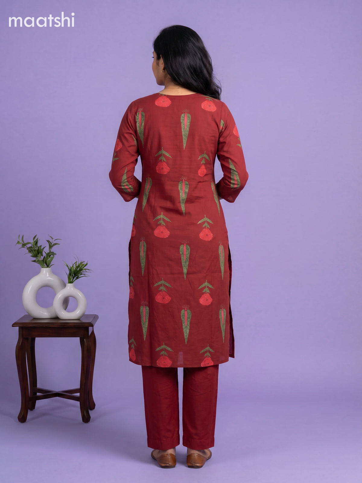 Red Cotton Printed & Simple Embroidery Work Straight Suit