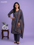Blue Cotton Ajrakh Printed & Simple Embroidery Work Straight Suit