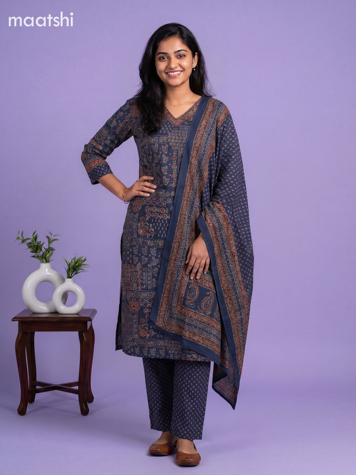 Blue Cotton Ajrakh Printed & Simple Embroidery Work Straight Suit