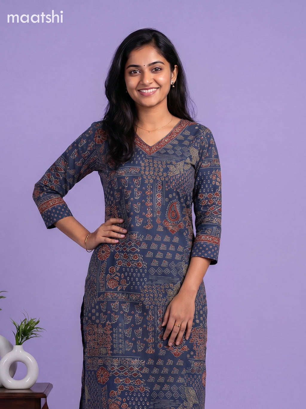 Blue Cotton Ajrakh Printed & Simple Embroidery Work Straight Suit