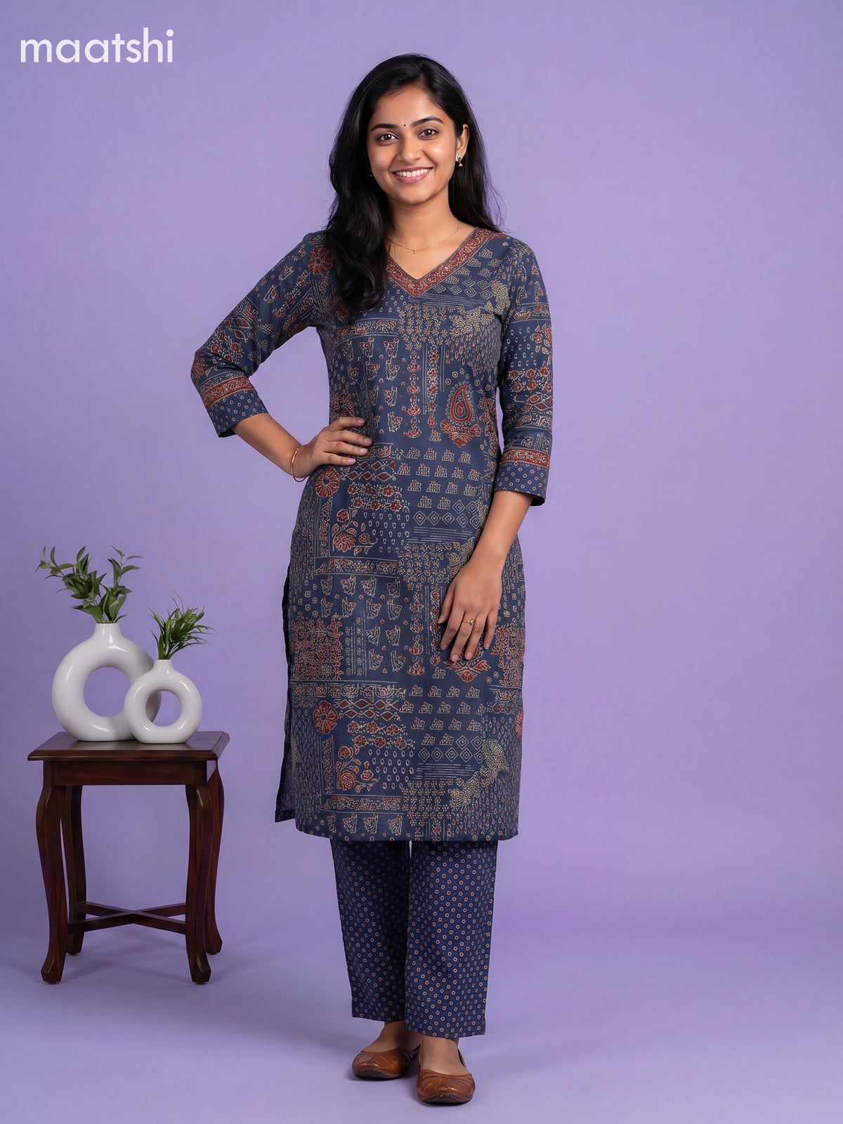 Blue Cotton Ajrakh Printed & Simple Embroidery Work Straight Suit