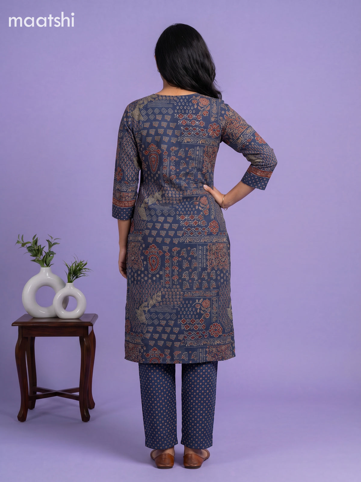 Blue Cotton Ajrakh Printed & Simple Embroidery Work Straight Suit