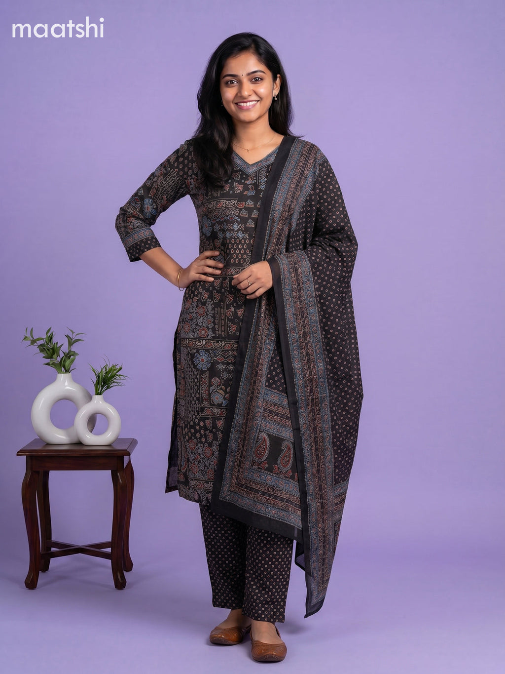 Black Cotton Ajrakh Printed & Simple Embroidery Work Straight Suit