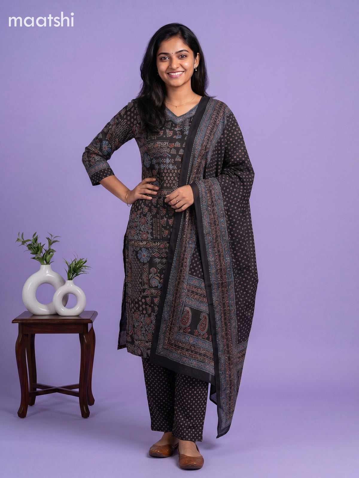 Black Cotton Ajrakh Printed & Simple Embroidery Work Straight Suit