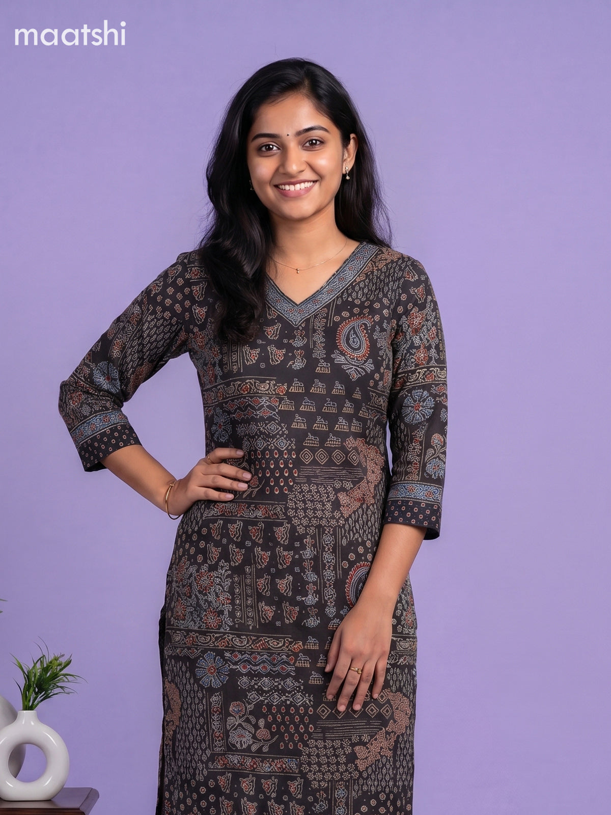 Black Cotton Ajrakh Printed & Simple Embroidery Work Straight Suit