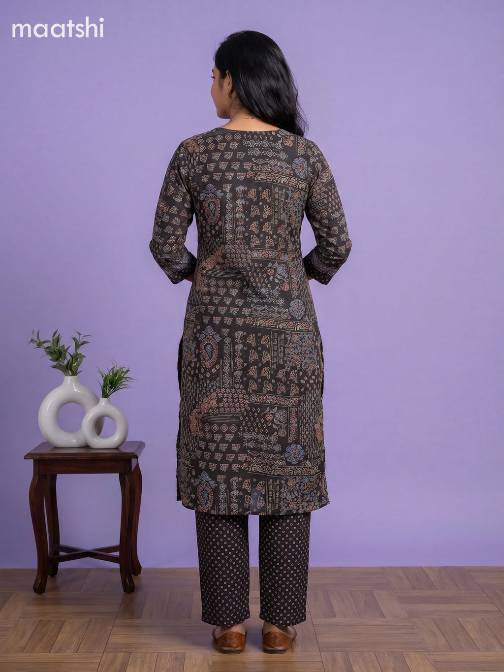 Black Cotton Ajrakh Printed & Simple Embroidery Work Straight Suit