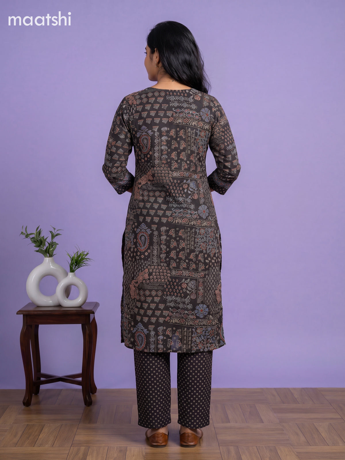 Black Cotton Ajrakh Printed & Simple Embroidery Work Straight Suit
