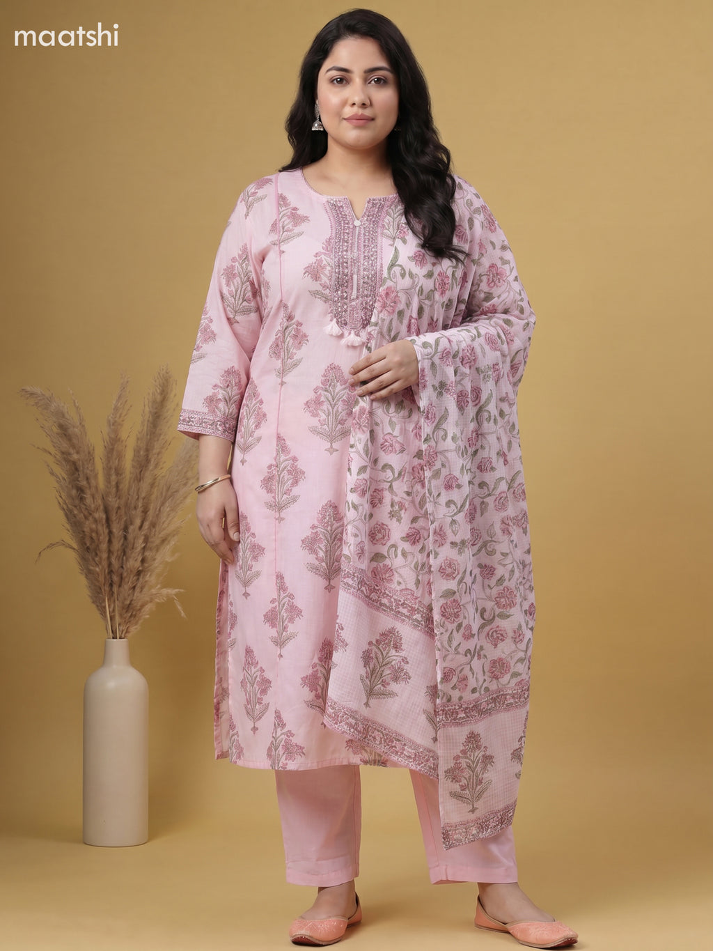 Pink Cotton Floral Printed Straight Suit