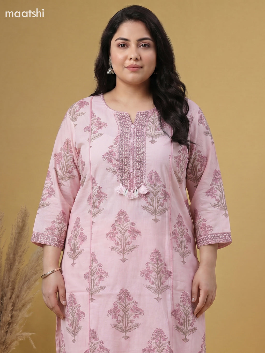 Pink Cotton Floral Printed Straight Suit
