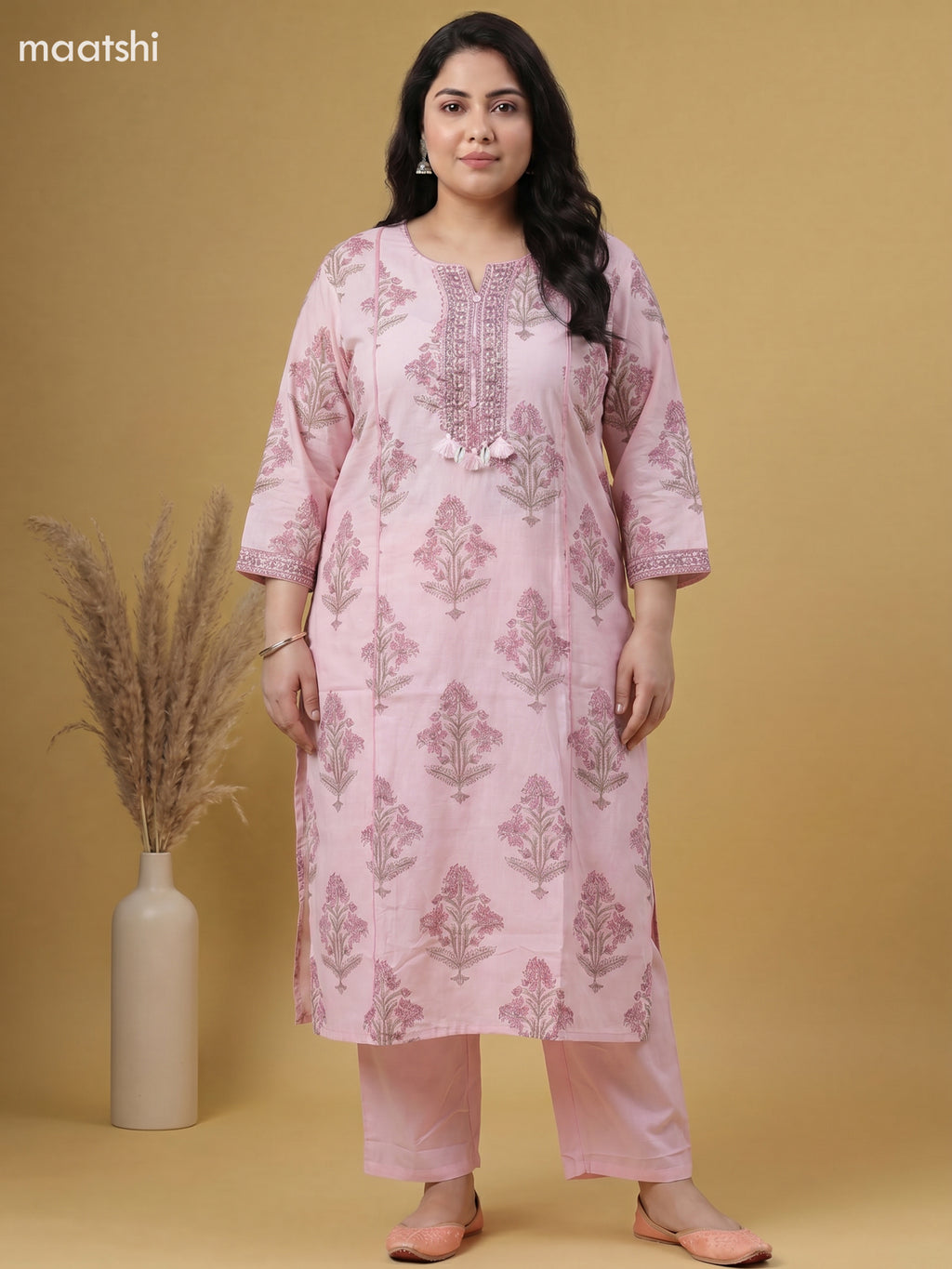 Pink Cotton Floral Printed Straight Suit