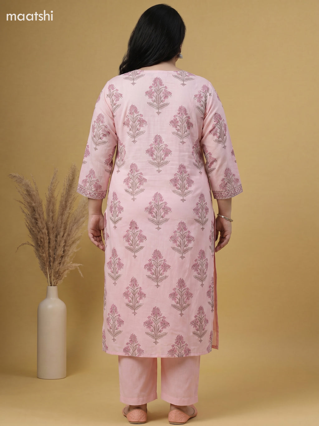 Pink Cotton Floral Printed Straight Suit