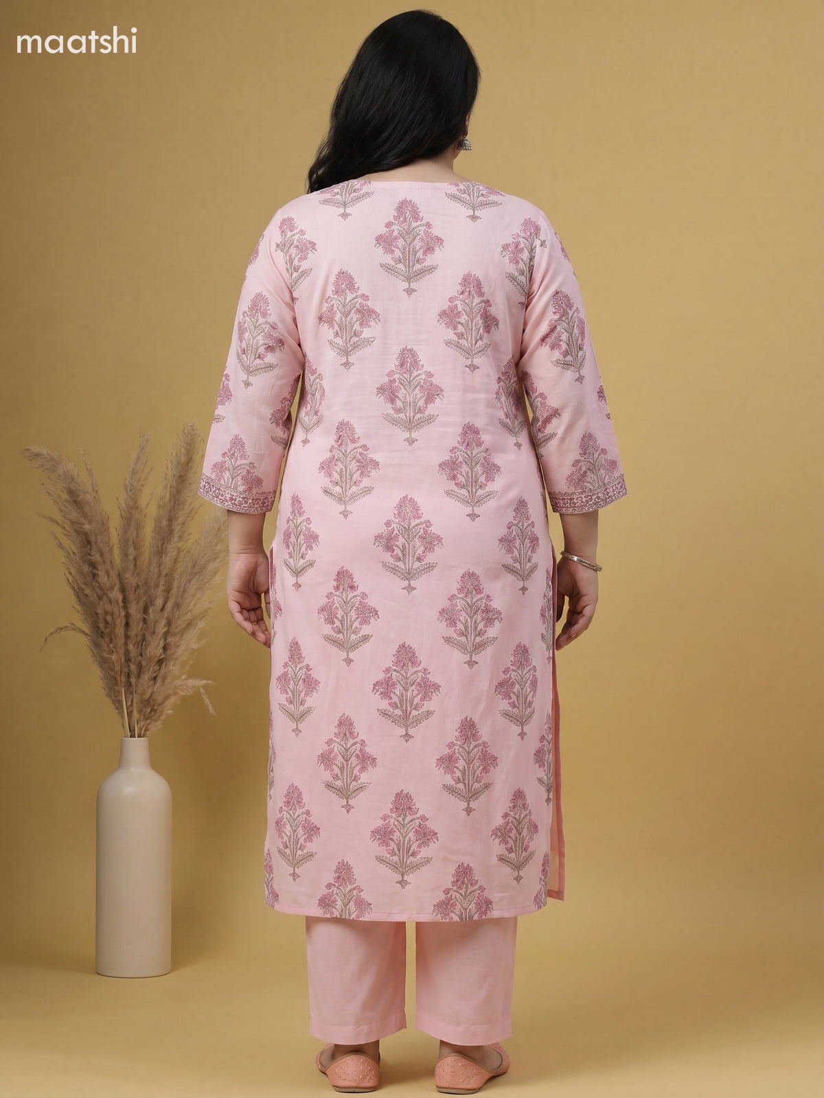 Pink Cotton Floral Printed Straight Suit