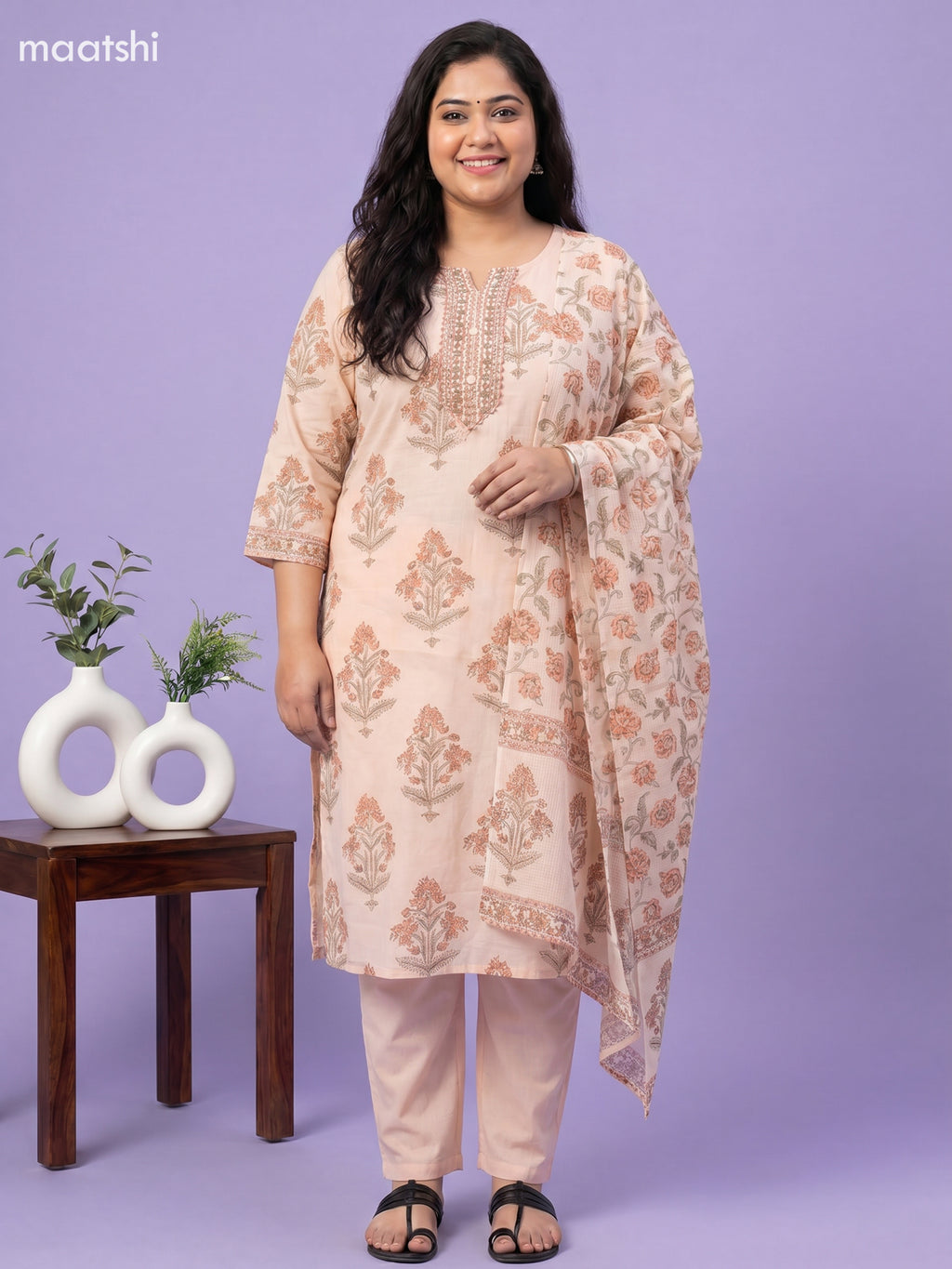 Peach Cotton Floral Printed Straight Suit
