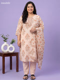Peach Cotton Floral Printed Straight Suit