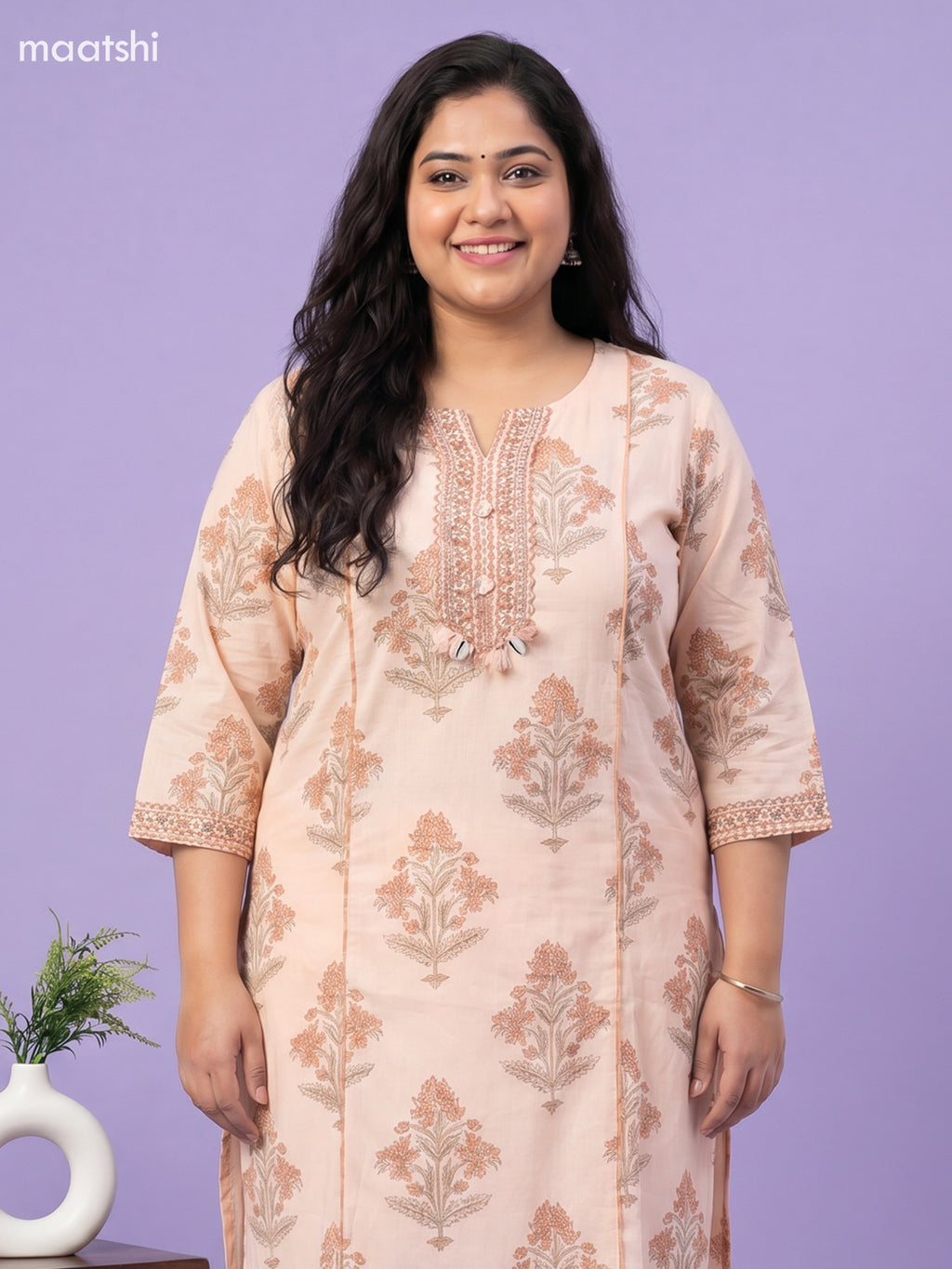 Peach Cotton Floral Printed Straight Suit