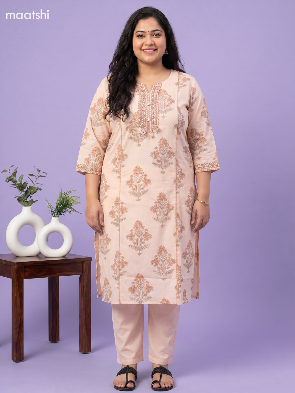 Peach Cotton Floral Printed Straight Suit