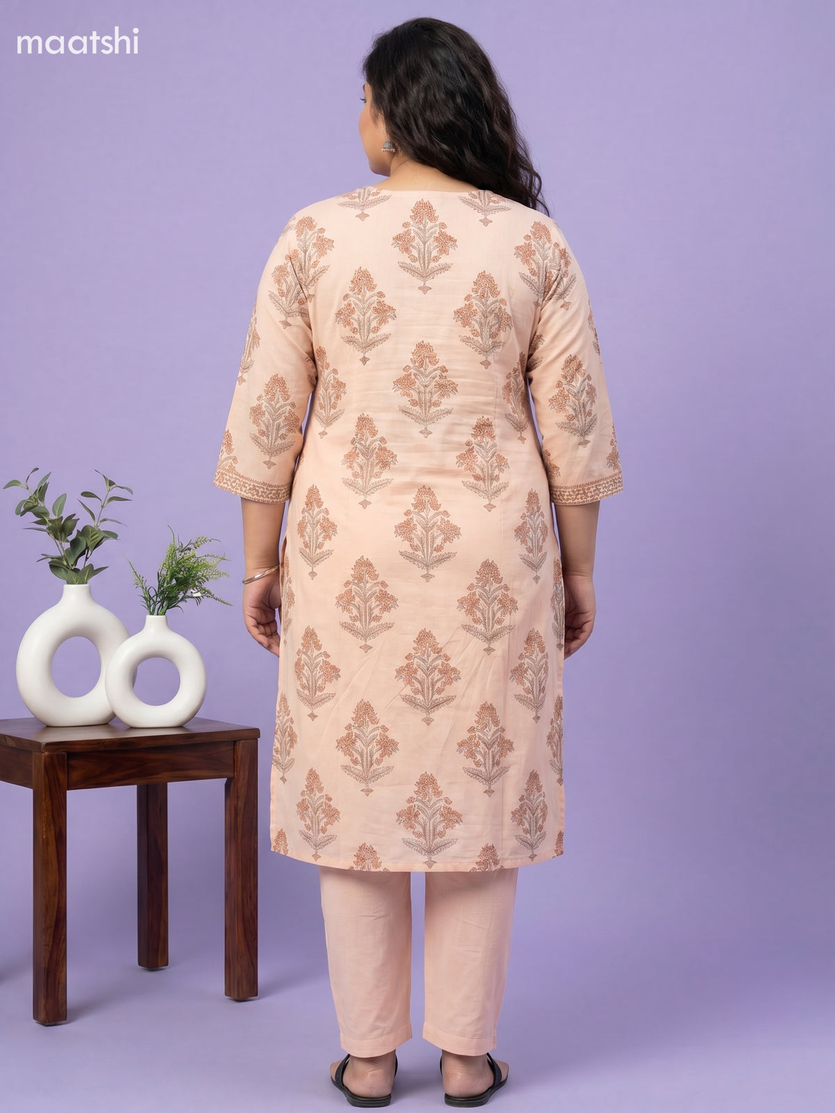 Peach Cotton Floral Printed Straight Suit