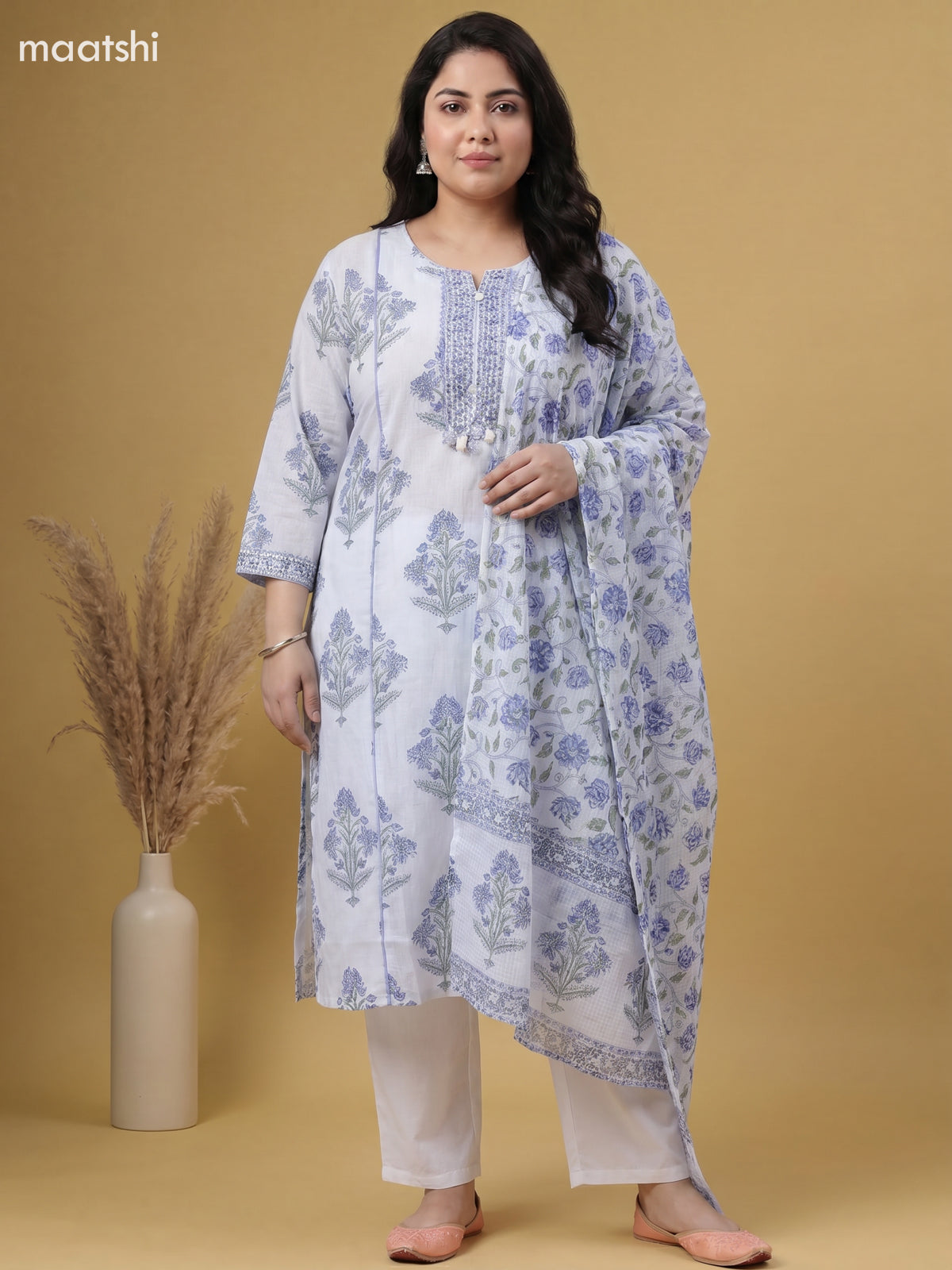 Teal Blue Cotton Floral Printed Straight Suit