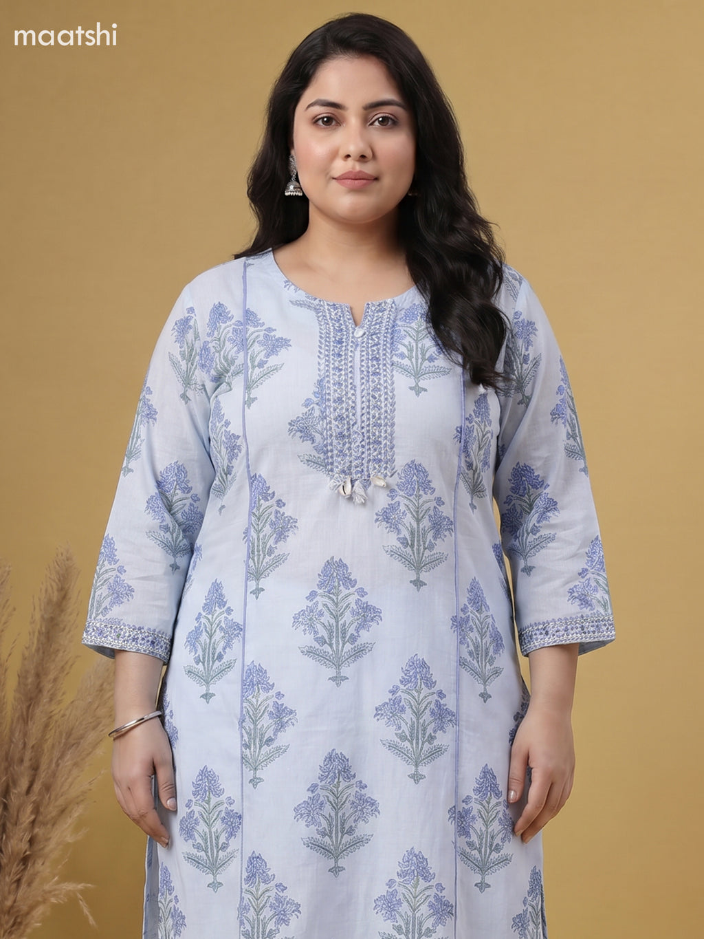 Teal Blue Cotton Floral Printed Straight Suit