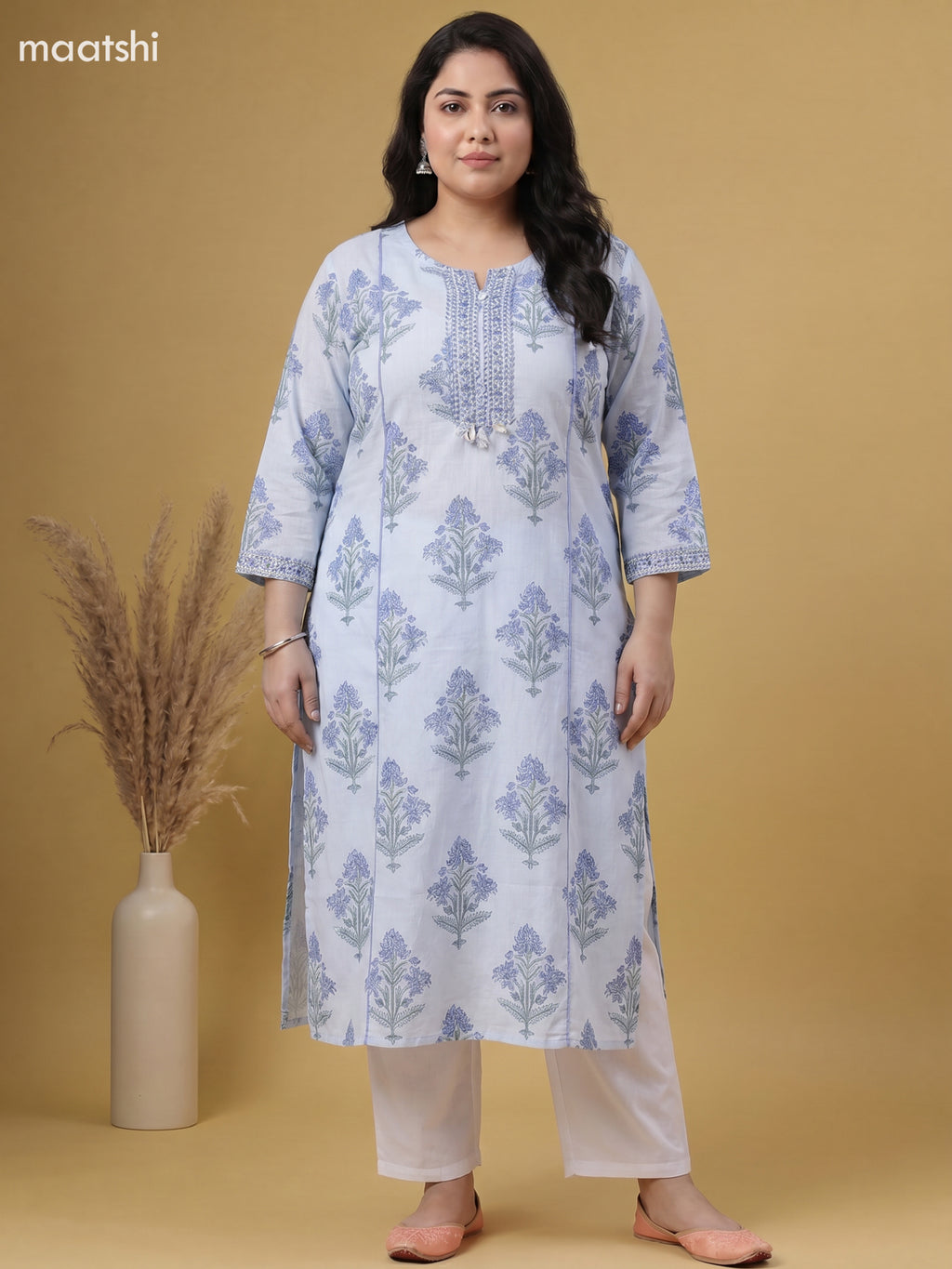 Teal Blue Cotton Floral Printed Straight Suit