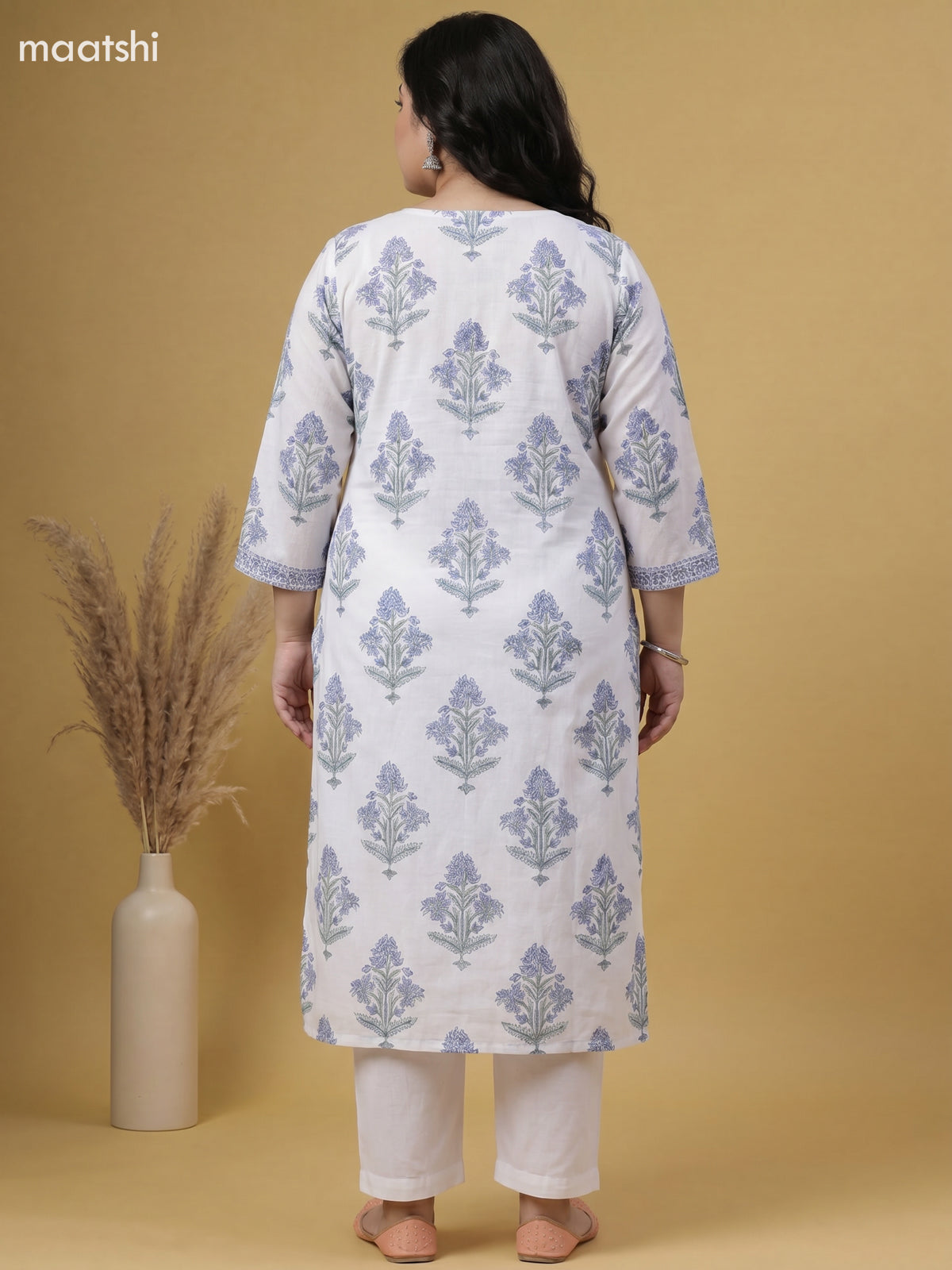 Teal Blue Cotton Floral Printed Straight Suit