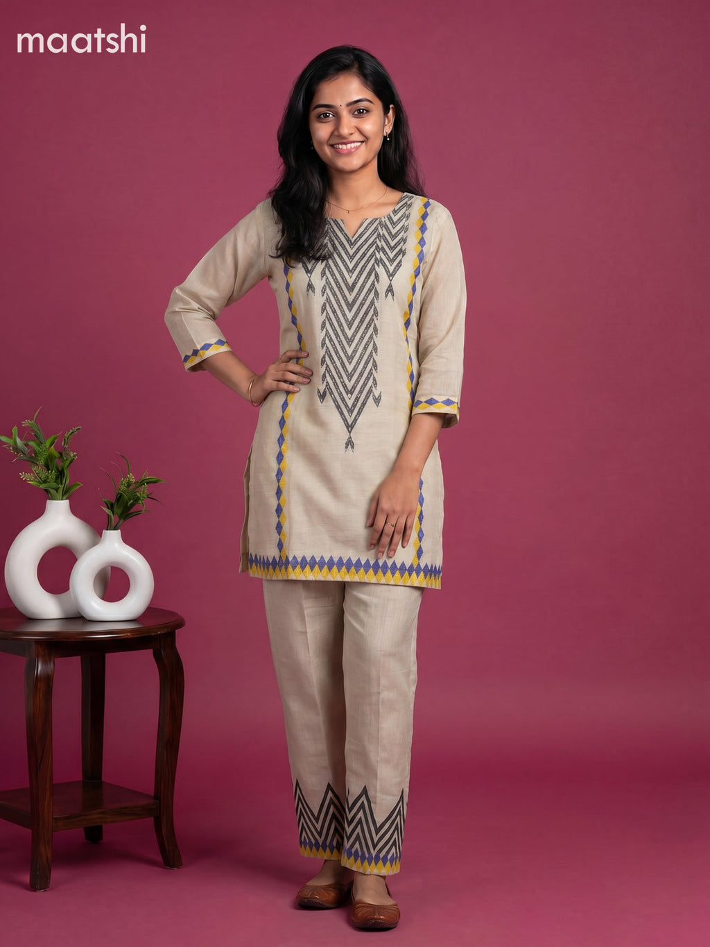 Beige Linen Cotton Kantha Stitch Work Short Co-Ord Set