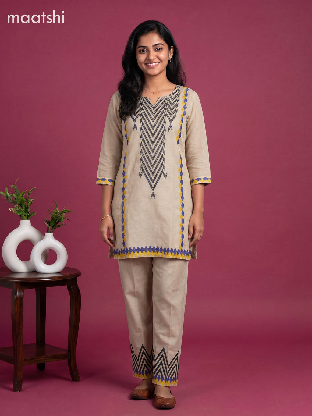 Beige Linen Cotton Kantha Stitch Work Short Co-Ord Set