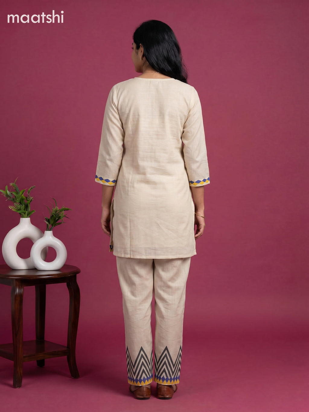 Beige Linen Cotton Kantha Stitch Work Short Co-Ord Set
