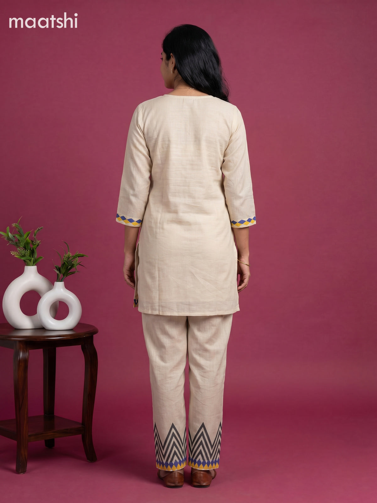 Beige Linen Cotton Kantha Stitch Work Short Co-Ord Set
