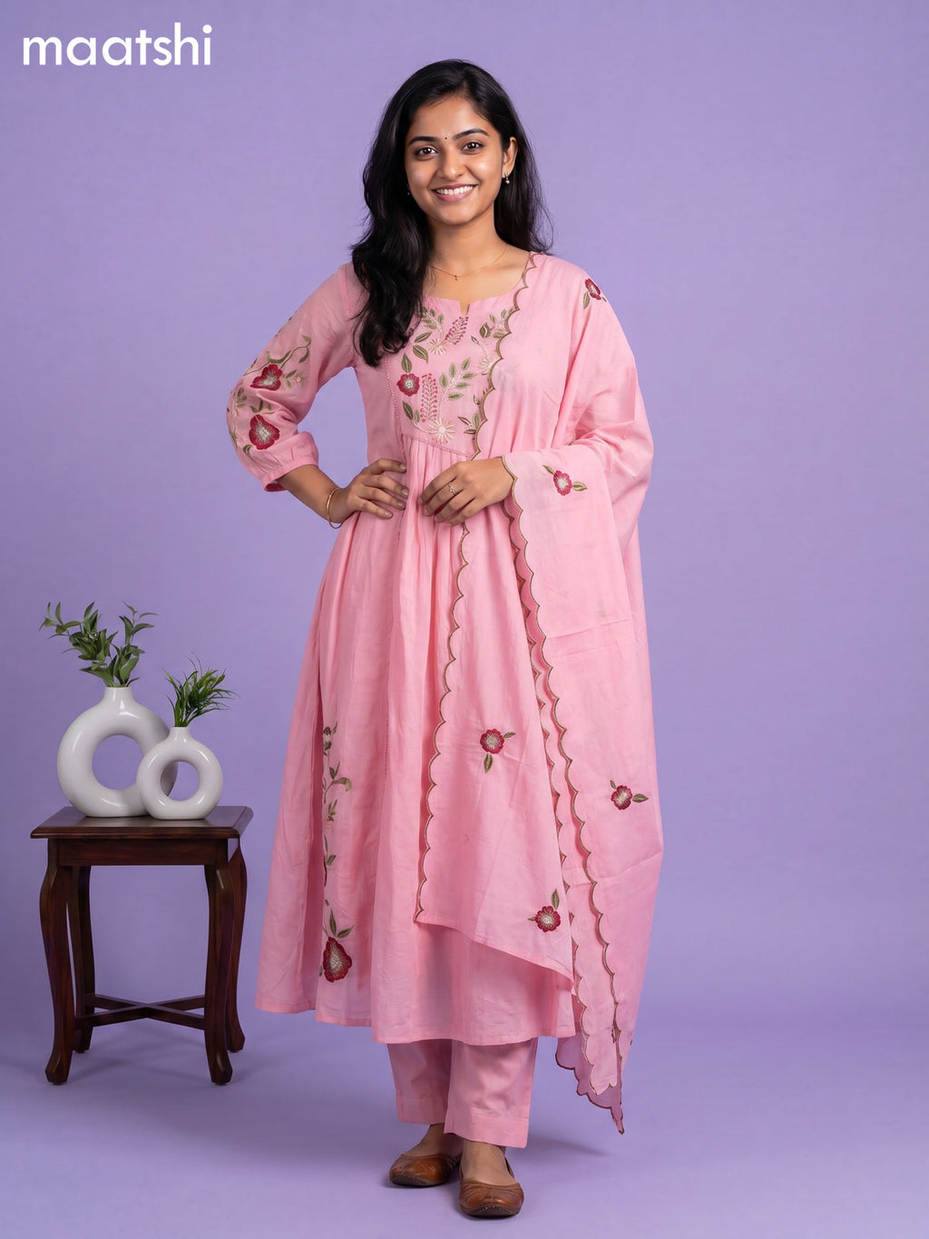 Pink Cotton Embroidery Work Anarkali Suit