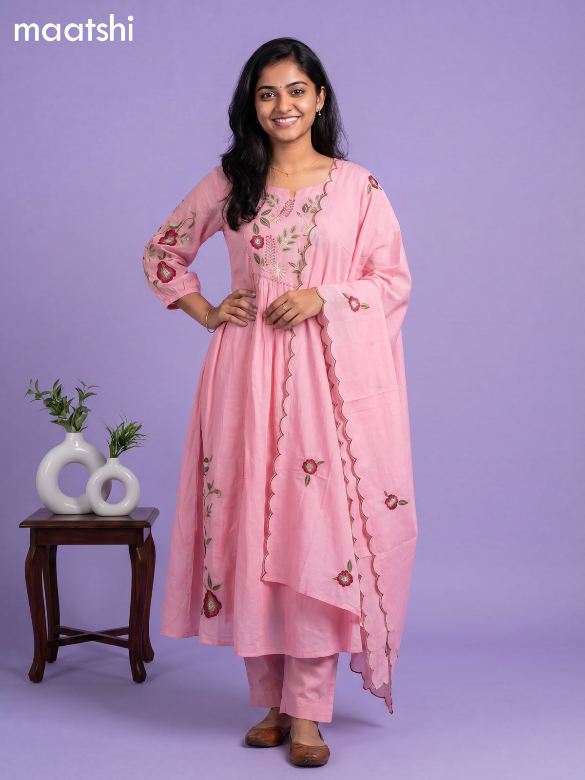 Pink Cotton Embroidery Work Anarkali Suit