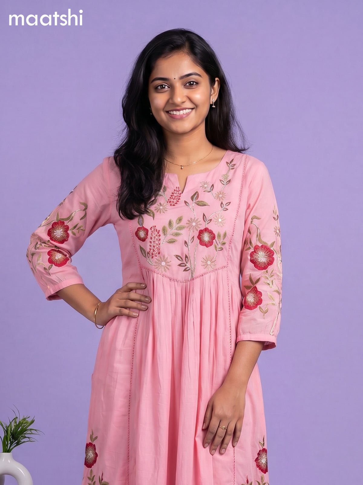 Pink Cotton Embroidery Work Anarkali Suit