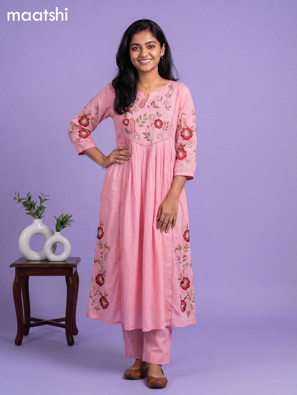 Pink Cotton Embroidery Work Anarkali Suit