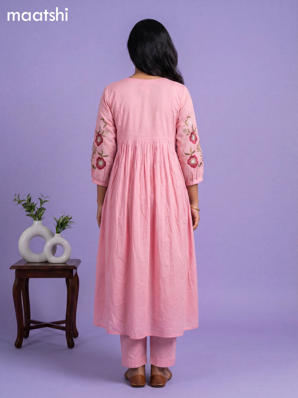 Pink Cotton Embroidery Work Anarkali Suit